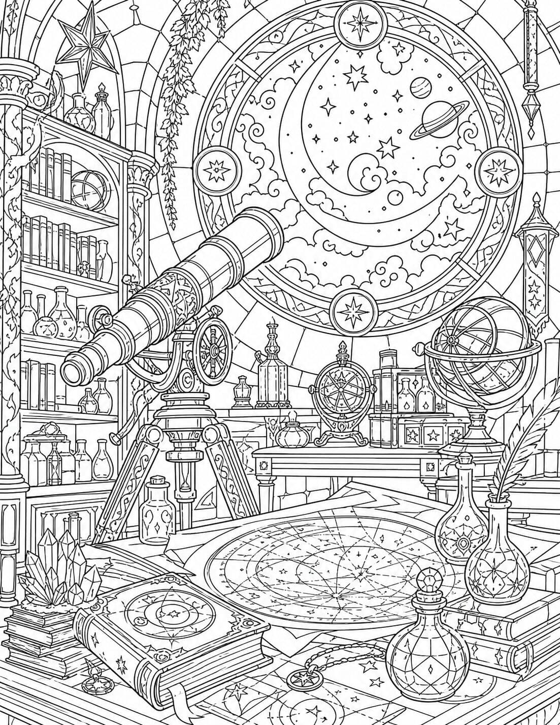 Wizard Observatory printable adult coloring page