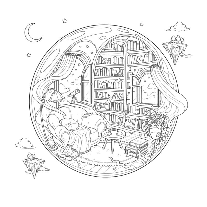 A book-lined room inside a bubble, from Bubbleloria