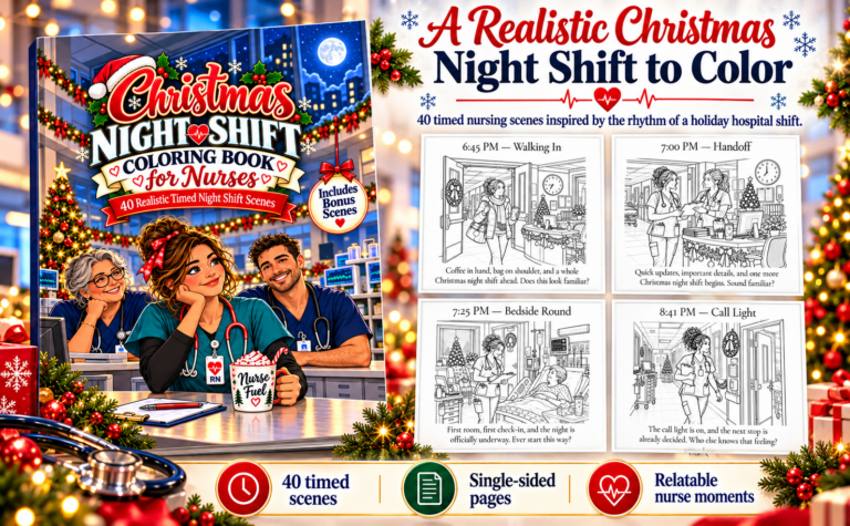 Promotional collage with the Christmas Night Shift book cover and four nursing scenes: walking in, handoff, bedside round, and call light.