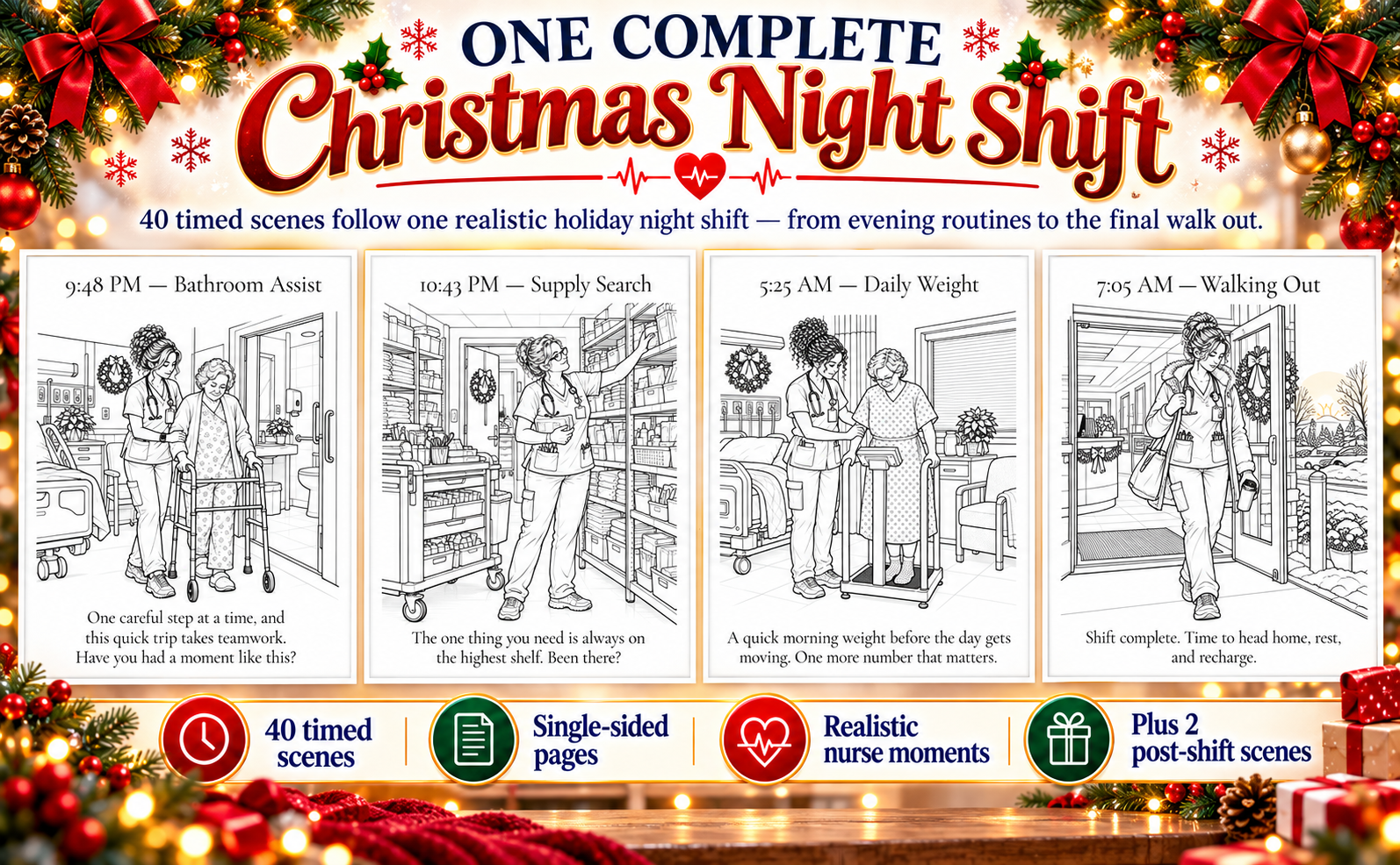Four Christmas hospital coloring scenes showing bathroom assistance, a supply search, a morning weight check, and a nurse walking out after the shift.